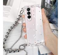 Omio Compatible with Samsung Galaxy Z Fold 4 5G Case with Crossbody Chain Strap Bracelet Cute 3D Handmade Sparkle Crystal Diamond Bling Glitter Hard PC Phone Case for Galaxy Z Fold 4 Women Girls Clear