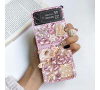 Omio for Galaxy Z Flip 4 5G Case Bling, Luxury 3D Handmade Sparkle Rhinestone Iron Tower Pendant Pumpkin Car Flowers Crystal Diamond Glitter Hard PC Cover for Women Girls, Pink