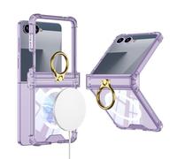 Omio for Galaxy Z Flip 7 Case Clear with Hinge Protection & Ring Stand Compatible with MagSafe, Slim Magnetic Protective Case Soft TPU Bumper Shockproof Kickstand Cover for Women Girls, Purple
