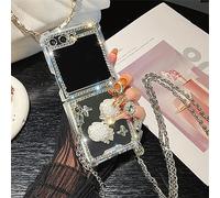 Omio for Galaxy Z Flip 8 Mirror Case with Crossbody Lanyard Luxury 3D Sparkle Crystal Diamond Bling Glitter Flower Cute Slim Makeup Phone Cover for Women Girls, Silver