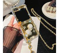 Omio for Galaxy Z Flip 8 Mirror Case with Crossbody Lanyard Luxury 3D Sparkle Crystal Diamond Bling Glitter Flower Cute Slim Makeup Phone Cover for Women Girls, Gold