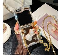 Omio for Galaxy Z Flip 8 Mirror Case with Crossbody Lanyard Luxury 3D Sparkle Crystal Diamond Bling Glitter Flower Cute Slim Makeup Phone Cover for Women Girls, Rose Gold