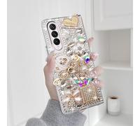 Omio for Galaxy Z Fold 4 5G Case Bling, Luxury 3D Handmade Sparkle Rhinestone Iron Tower Pendant Pumpkin Car Flowers Crystal Diamond Glitter Hard PC Cover for Women Girls, White