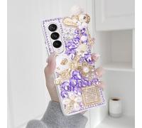 Omio for Galaxy Z Fold 4 5G Case Bling, Luxury 3D Handmade Sparkle Rhinestone Iron Tower Pendant Pumpkin Car Flowers Crystal Diamond Glitter Hard PC Cover for Women Girls, Purple