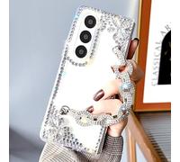 Omio for Galaxy Z Fold 5 Case Cute for Women Girls Luxury 3D Handmade Sparkle Rhinestone Pearl Strap Chain Bracelet Flowers Crystal Diamond Bling Glitter Slim Hard PC Shockproof Cover, Crystal