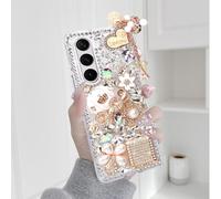 Omio for Galaxy Z Fold 6 5G Case Bling, Luxury 3D Handmade Sparkle Rhinestone Iron Tower Pendant Pumpkin Car Flowers Crystal Diamond Glitter Hard PC Case for Women Girls, White
