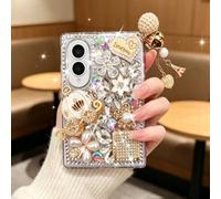 Omio for Galaxy Z Fold 8 5G Case Bling, Luxury 3D Handmade Sparkle Rhinestone Iron Tower Pendant Pumpkin Car Flowers Crystal Diamond Glitter Hard PC Case for Women Girls, White