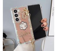 Omio for Galaxy Z Fold 8 Ultra 5G Mirror Case with Crossbody Lanyard Luxury 3D Sparkle Crystal Diamond Bling Glitter Cute Slim Makeup Hard PC Phone Cover for Women Girls, Gold
