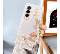 Omio for Samsung Galaxy Z Fold 3 Case Cute for Women Girls Luxury 3D Handmade Sparkle Rhinestone Pearl Strap Chain Bracelet Flowers Crystal Diamond Bling Glitter Slim Hard PC Shockproof Cover, Pearl