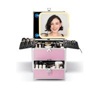 OMIRO Makeup Organiser Box with Detachable Magnetic Led Mirror and Drawer-Diamond Pink
