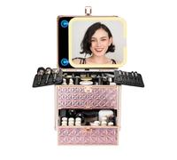 OMIRO Makeup Organiser Box with Detachable Magnetic Led Mirror and Drawer-Sparkling Pink