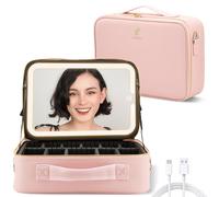 OMIRO Travel Makeup Bag with Large Light Up Mirror, Cosmetic Organiser Train Case with Adjustable Compartment, Gift for Women (Large, Pink)