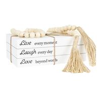 OMISHE Decorative Books for Home Decor, White Faux Books for Decoration, Rustic Farmhouse Stacked Display Books with 52in Wood Bead Garland for Coffee Tables Living Room, (Live Laugh Love)