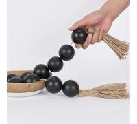 OMISHE Extra Large Wood Bead Garland with 2" Diameter Wooden Beads, 49" Long Rustic Farmhouse Wooden Beads Garland with Tassels, Decorative Beads Boho Decorations for Home Table Mantle Black