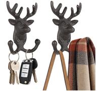 OMISTAR 2 Pcs Antler Decor Hooks, Rustic Deer Head Cast Iron Wall Dual Hooks, Heavy Duty Decorative Coat Hook, Dark Gray with a Vintage Design, Easy to Install for Bath, Room, Patio