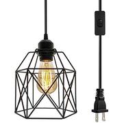 OmiSun Industrial Plug in Pendant Light, Black Cage Pendant Light Fixture with On/Off Switch, E26 Socket Vintage Hanging Light, Farmhouse Pendant Lighting for Kitchen Living Room Dining Room