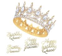 OMJMYY Women's Birthday Crown for Cake Princess Crown Queen Tiara Crystal Crown Vintage Gold with 4 Happy Birthday Cake Decoration for Wedding Prom Birthday Party