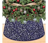 OMKSIH Navy Blue Artificial Christmas Tree Collar with Sequins and Glitter, 28.8 Inch Base, Unique Xmas Tree Cover Skirt for Farmhouse Winter Decor