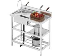 ommercial Restaurant Sink 3 Tier Free Standing Sinks with Storage Shelf Stainless Steel Single Bowl Kitchen Sink Unit Outdoor Camping Washbasin with Drainer Kit, 100x50x94cm