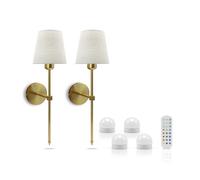 Omniance Monaco Rechargeable Wall Lights Brass Twin Pack, 4 Light Sources | Cordless dimmable colour changing sconce, no wiring, fabric shade, USB C, for bedroom, hallway and living room