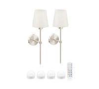 Omniance Monaco Rechargeable Wall Lights Nickel Twin Pack, 4 Light Sources | Cordless dimmable colour changing sconce, satin finish, no wiring, fabric shade, USB C, for bedroom and hallway