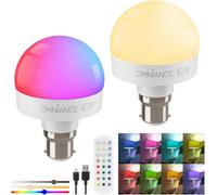 Auraglow Rechargeable Wireless LED Light Bulb with Remote - Battery-Powered, Dimmable, Colour-Changing, B22 Adaptor (2 Pack)