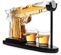 OMNIHIVE - Gun Decanter Set - Whiskey Decanter with 4 Shot Glasses - Unique Whiskey Gift for Men, Dad, Husband - Handmade Glass Gun Decanter with Wooden Base - 750ml Liquor Decanter for Bourbon