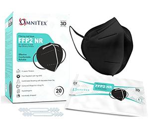 Omnitex FFP2 Black Face Mask - Box of 20, Individually Wrapped | High Filtration - 5 Layers | EN149 CE Certified | Hypoallergenic | Fluid Resistant | Adaptable Nose Bridge | 5x Extenders