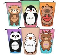 OMNRELM Personalised Standing Pencil Case for Kids, Custom Name Retractable Telescopic Pen Holder, Cute Kawaii Animal Canvas Stationery Pouch, Unique Back to School Gift for Boys & Girls (Penguin)