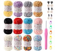 12 Pack Chenille Chunky Yarn - Baby Yarn for Crocheting Soft - White red Pink Yellow Blue Rainbow Velvet Yarn Crochet Blanket - Amigurumi Yarn Pack with Crochet Accessories