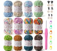 OMoiut 12 Pack Chenille Chunky Yarn - Baby Yarn for Crocheting Soft - White red Pink Yellow Blue Rainbow Velvet Yarn Crochet Blanket - Amigurumi Yarn Pack with Crochet Accessories C