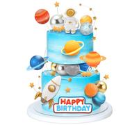 omolly 29Pcs Outer Space Cake Toppers,Astronaut Stars Cake Toppers Set,Astronaut Figurine,Space Cupcake Cake Decorations for Two The Moon First Trip Around The Sun Space Themed Birthday