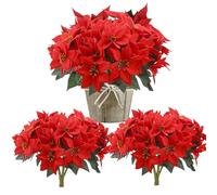omolly 6 Pcs Artificial Poinsettia Flowers Bouquets, 7 Heads Velvet fabric, Christmas Red Poinsettia Bushes, Red Faux Bouquets for Outdoor Indoor Decorations, 35cm/13.8In