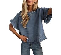 Omoone Womens Crochet Top Short Sleeve Ruffled Hem Knit Blouse Top | Breathable Lightweight, Crew Neckline, Delicate Crochet, Versatile Layering, Beach, Brunch Date, Holiday Travel, Office Wear