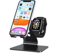 OMOTON 2 in 1 Phone and Watch Stand, Desktop Stand Holder (NOT Include Charger) Compatible with All iPhone 15 14 13 12 and for Apple Watch Series 9/8/SE2/7/6/SE/5/4/3/2 (Both 45/44/42/41/38mm)-Black