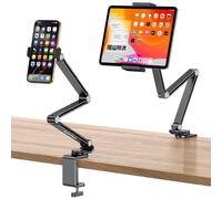 OMOTON 360° Rotatable Tablet Stand for iPad, GH03 Adjustable Aluminum Holder for Desk with 2 Clamps for Phone & Tablet, Overhead Phone Mount Compatible with 4-13" iPad Pro/iPhone, Black
