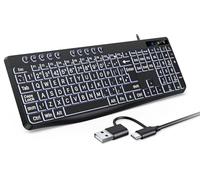 OMOTON Large Print Backlit Keyboard with Dual Interface (Type-C and USB) - Full Size Wired Computer Keyboard with White Backlight Easier to See and Type, Compatible with Windows, PC, Laptop