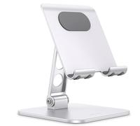 OMOTON Upgraded Adjustable Tablet Stand Heavy Aluminium Base Foldable Stand Sturdy Dock Hole Design for iPad Mini Pro Air and Phones for Appreils (3.5-13 Inches), Silver