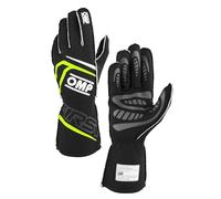 OMP Racing Riding Gloves, First, FIA Approved, Single Layer, Fire Retardant Fabric, Black/Fluorescent Yellow, X-Large, Pair