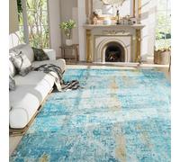 Ompaa Living Room Rug 8x10 Teal Blue Area Rugs Machine Washable Abstract Boho Large Rug Non-Slip Non-Shedding Faux Wool Indoor Vintage Carpet for Bedroom, Classroom, Dining Room, Kids Playroom