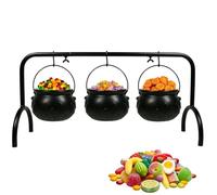 Ompinda Halloween Candy Cauldron On Rack, Set of 3 Black Plastic Witches Cauldron with Iron Rack Halloween Candy Bucket for Halloween Decoration Indoor