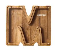 ompvor Personalized Letters Wooden Piggy Bank for Boys and Girls, A-Z Coin Money Box with Clear Alphabet Stickers, Saving Family Christmas Birthday Gift Home DIY Decor, 18x18x3cm
