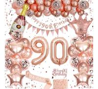 Omrel Rose Gold 90th Birthday Decorations - Happy 90th Birthday Bunting, Triangle Flag Banner, Number 90th Birthday Balloons For Party Decorations