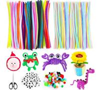 Omsscun 300 PCS Pipe Cleaners for Craft, 27 Colours Pipe Cleaner, Chenille Stems with 100 PCS Eye Self-adhesive and 150 PCS Colorful Pompoms, Chenille Wire for Kids DIY and Decoration
