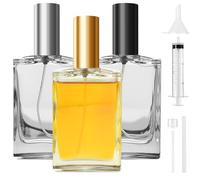Omsscun 3Pcs Glass Perfume Bottle 50ml, Perfume Spray Bottle, Empty Refillable Perfume Atomiser with Flat and Square Shape for Women Men Travel (Caps in Gold, Silver and Black)