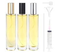 Omsscun 3Pcs Glass Perfume Spray Bottle 50ml, Empty Glass Perfume Atomiser, Small Clear Portable Perfume Refill Bottles for Travel, Holiday, Gifts (Gold, Silver and Black Caps)