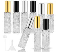 Omsscun 9Pcs Refillable Perfume Bottle Set 12ml&15ml - Portable Glass Spray Bottle, Clearly Empty Spray Bottle for Travel - Atomiser Perfume Spray Bottle with Filling Funnel (Gold, Silver, Black Lid)