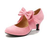 omthaka Women's Bow Mary Jane Kitten Heel Round Toe Low Heels Ankle Strap Dress Evening Party Pumps, Pink, 4.5 UK