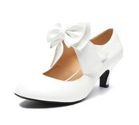 omthaka Women's Bow Mary Jane Kitten Heel Round Toe Low Heels Ankle Strap Dress Evening Party Pumps, White Matte Pu, 3 UK