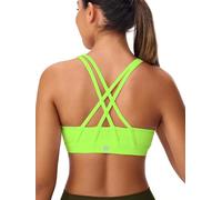 Omwilddo Women's Strappy Sports Bras Light Compression Crop Criss Cross Back Padded Workout Yoga Bra Supportive U Neckline, Neon Green, L